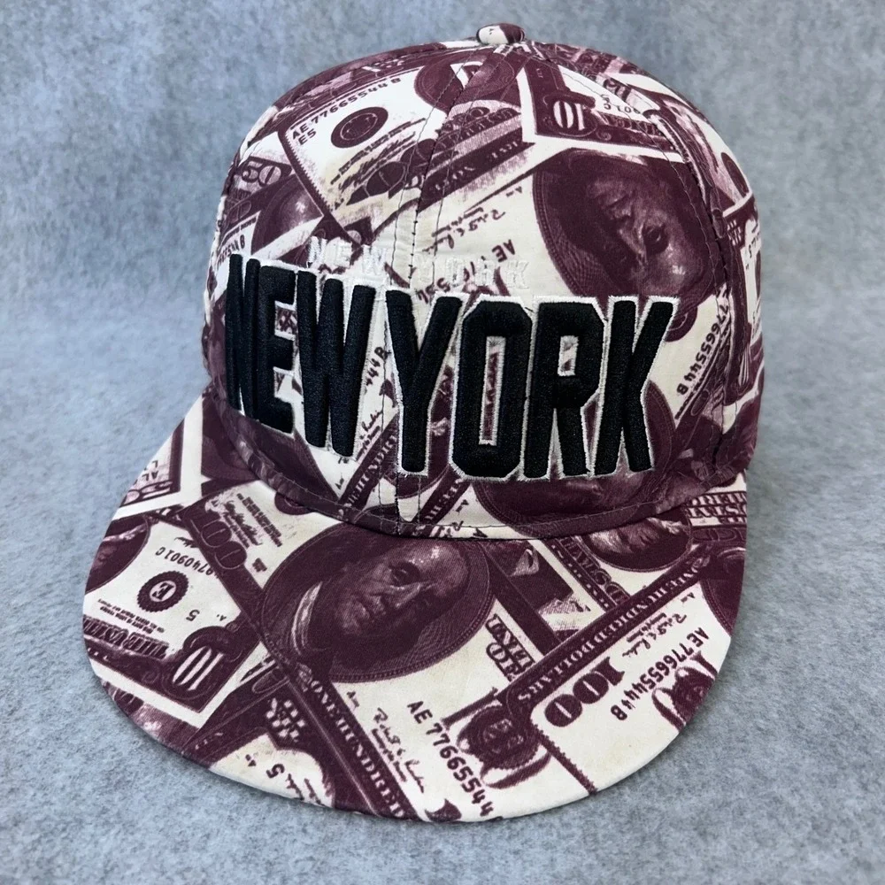 New York Men Maroon T&T Snapback Hat All Over Money Print Embroidered OS